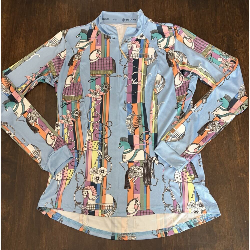 Equestrian Espoir Sky Blue Carnival Quarter Zip Long Sleeve Sun Shirt Sz Large